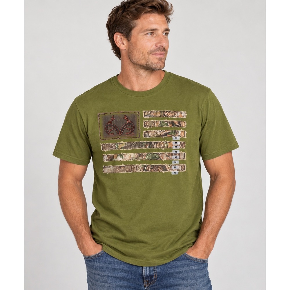 Realtree Mens American Flag Camo Hunting T-Shirt Green Medium NWT USA Tee